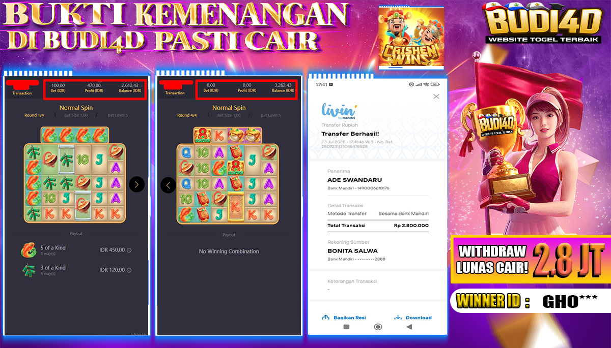 BUDI4D JACKPOT USERID:  GHO*** SLOT PGSOFT MAHJONG WAYS Rp.2.800.000,- LUNAS